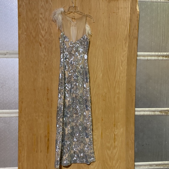 Who doesn’t need some feathers in their life? Beautiful silver cream formal - Picture 5 of 11